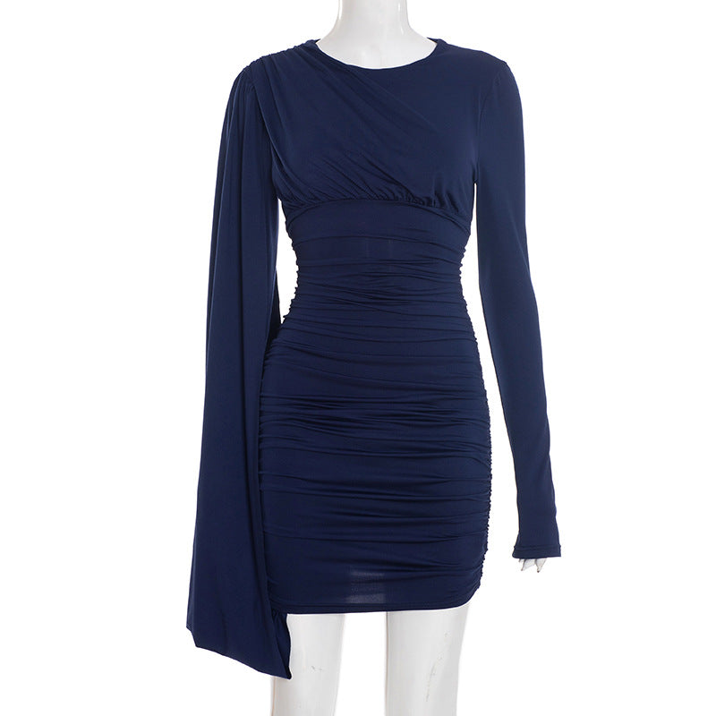 Womens Solid-Color One-Shoulder Flowy Strap Long-Sleeve Dress