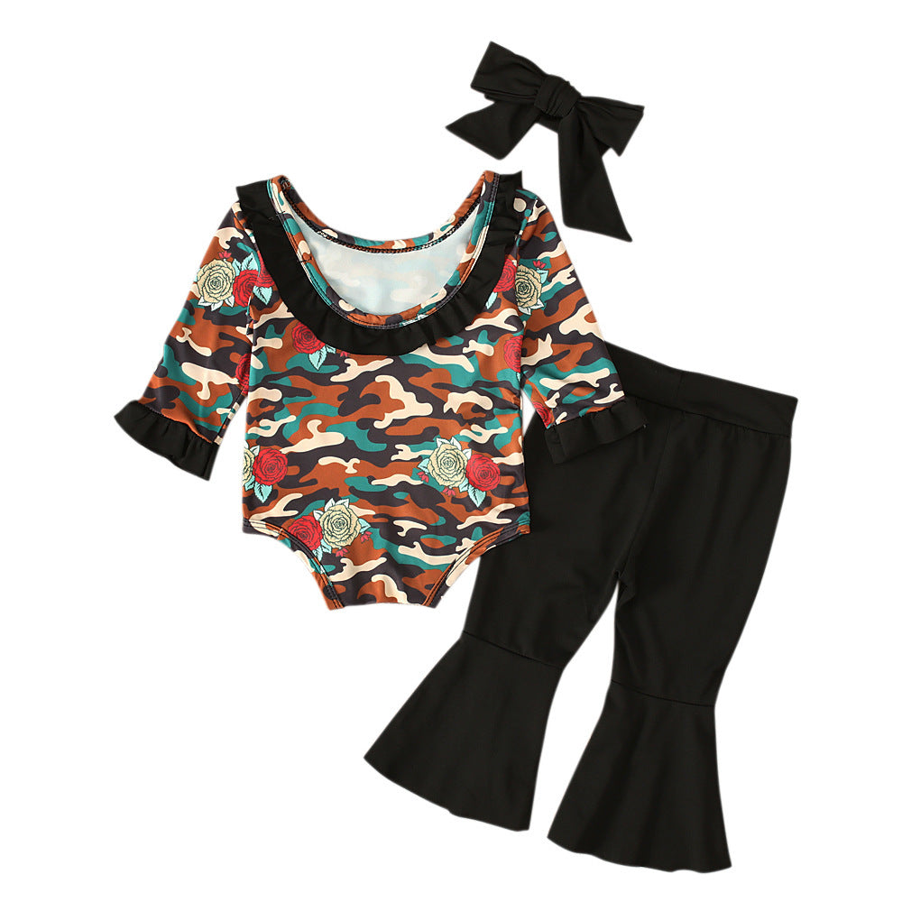 Ensemble barboteuse camouflage à manches longues et pantalon évasé noir pour fille