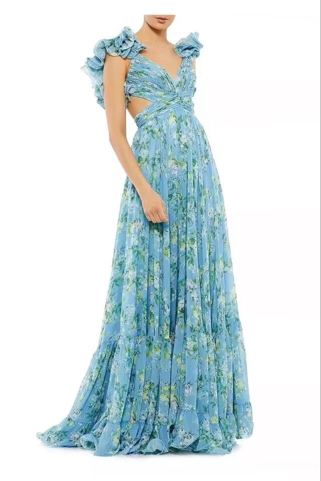 Women's Cut-out Ruffled Sleeveless Waist-controlled Large Hem Dress
