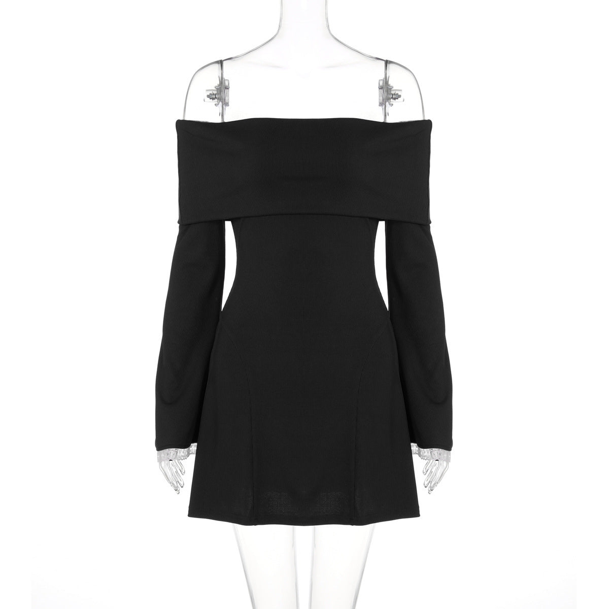 Women's Off-shoulder Horn Long Sleeve Short Dress Lace