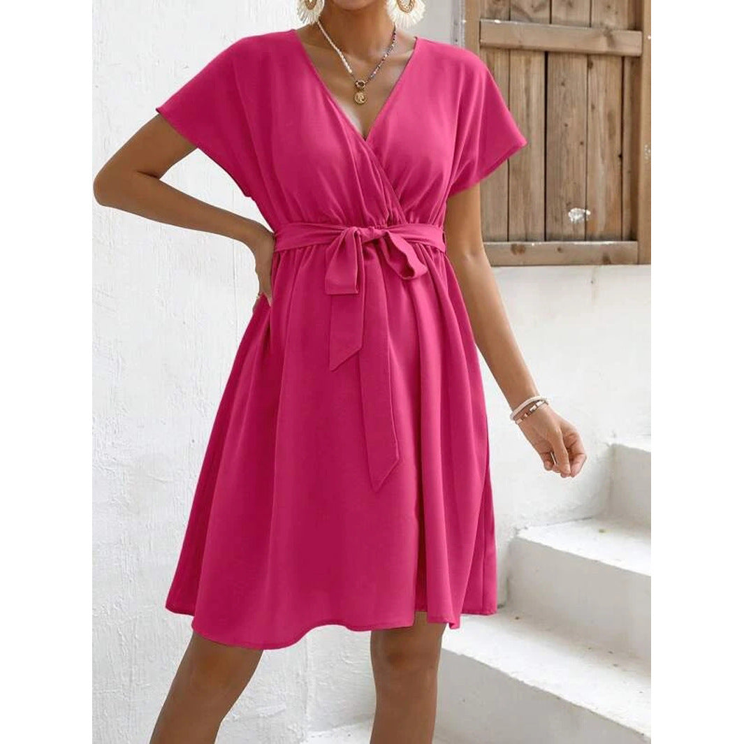 V-neck Batwing Sleeve Belt Decorative Casual And Comfortable Fashion Dress