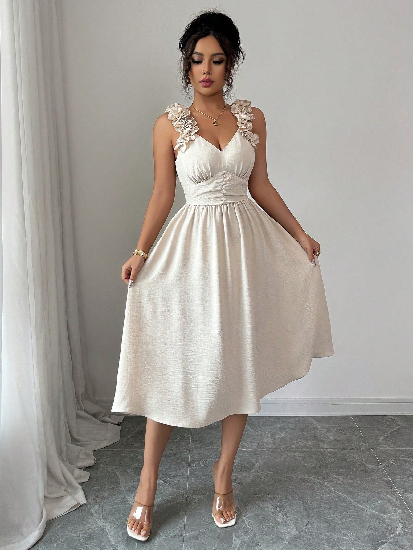 Women's Beige Textured Midi Dress