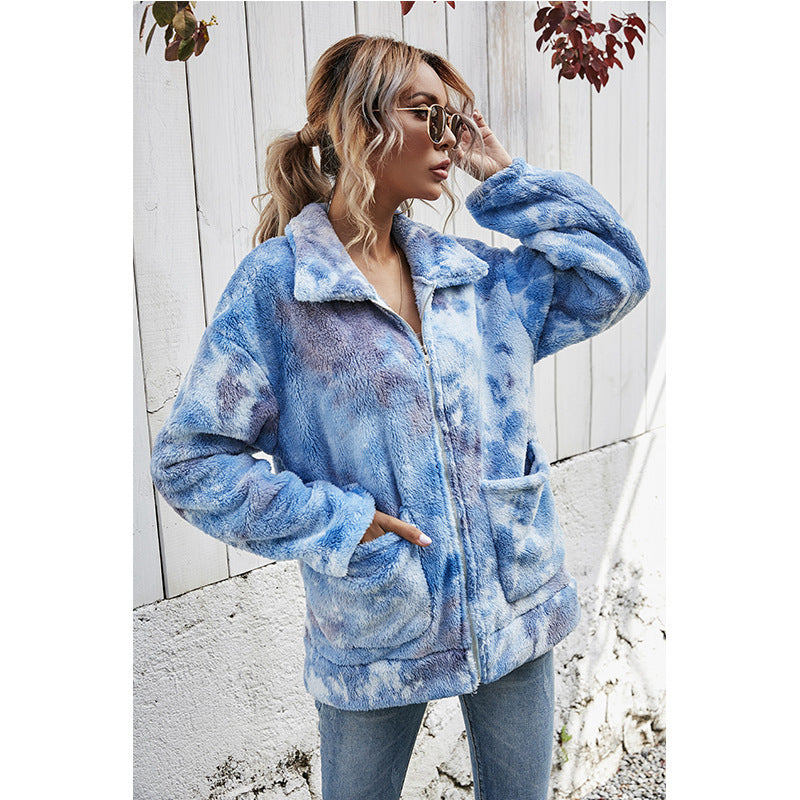 Tie dyed Plush zipper loose coat