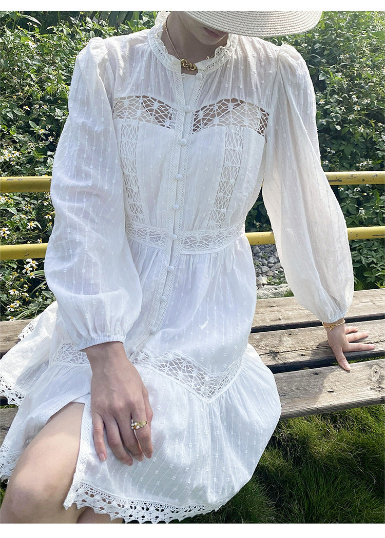 Robe blanche française à manches longues pour femme, style vacances