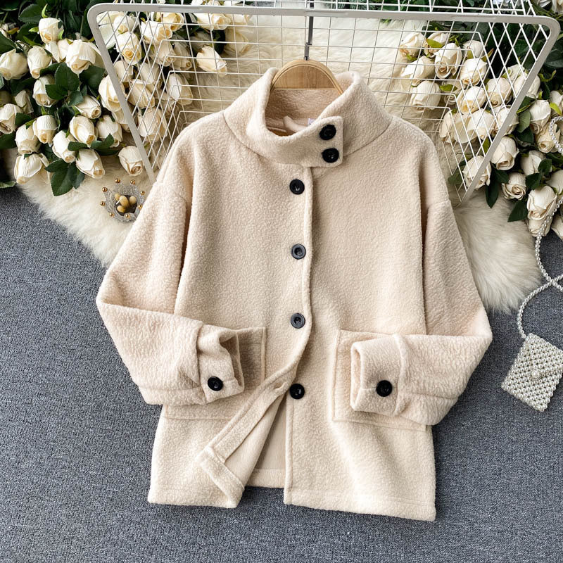 Lamb Wool Jacket Lady With High Collar Button