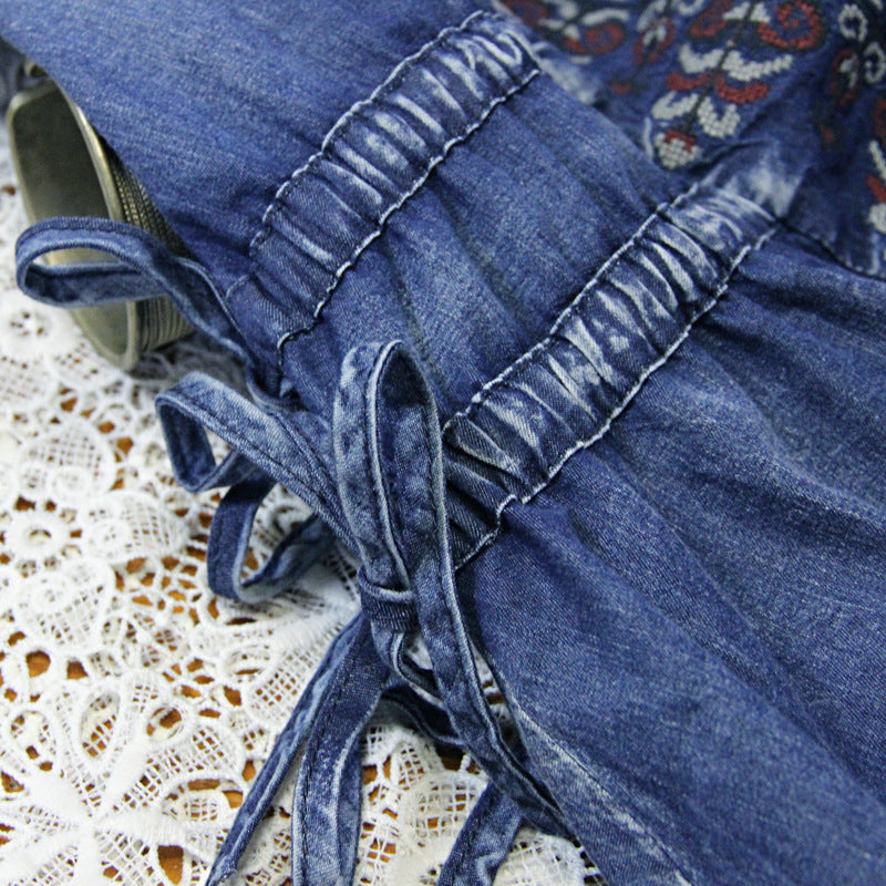 Women's Loose Mid Length Embroidered Drawstring Denim Skirt