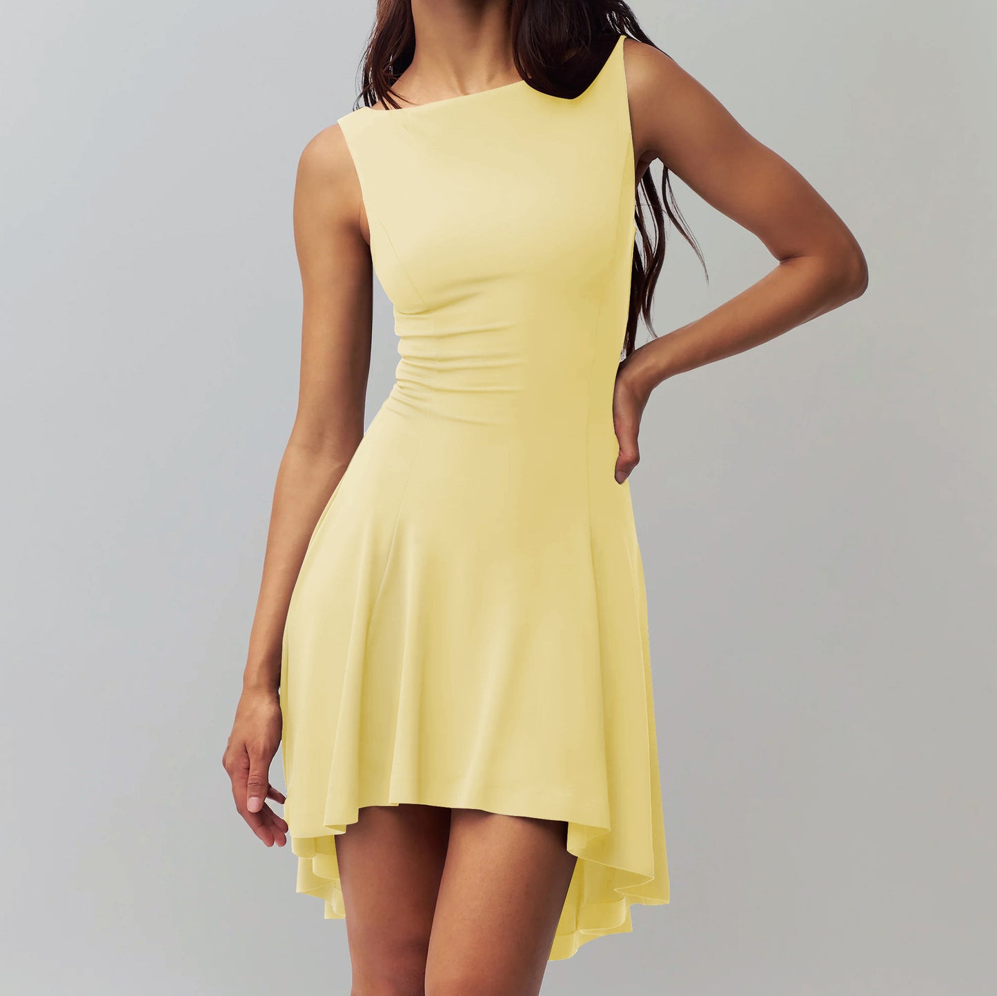Sleeveless Off-neck Dress Waist Slimming Back