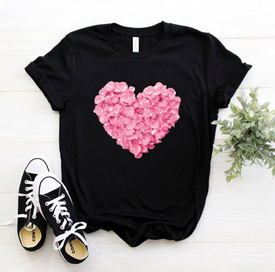 T-shirt décontracté et humoristique pour femme avec imprimé fleur en forme de cœur rose
