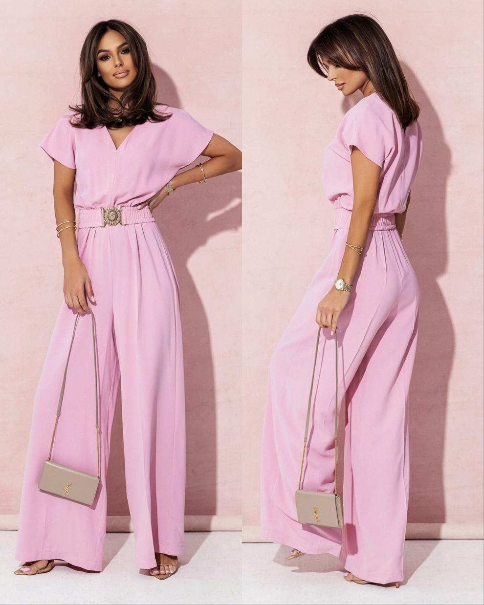 Solid Color And V-neck Waist Trimming Short-sleeved Casual Trousers Jumpsuit