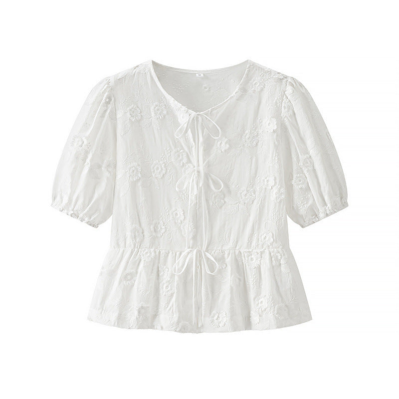 Solid Color Flower Embroidered Cotton Short-sleeved Shorts Two-piece Suit