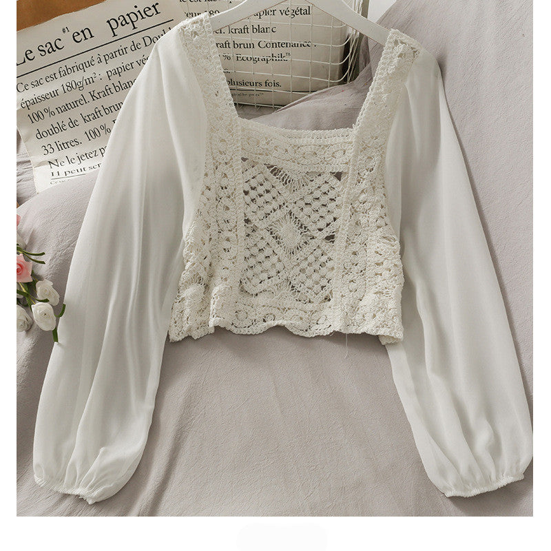 Women's Chiffon Panel Puff Long Sleeve Top