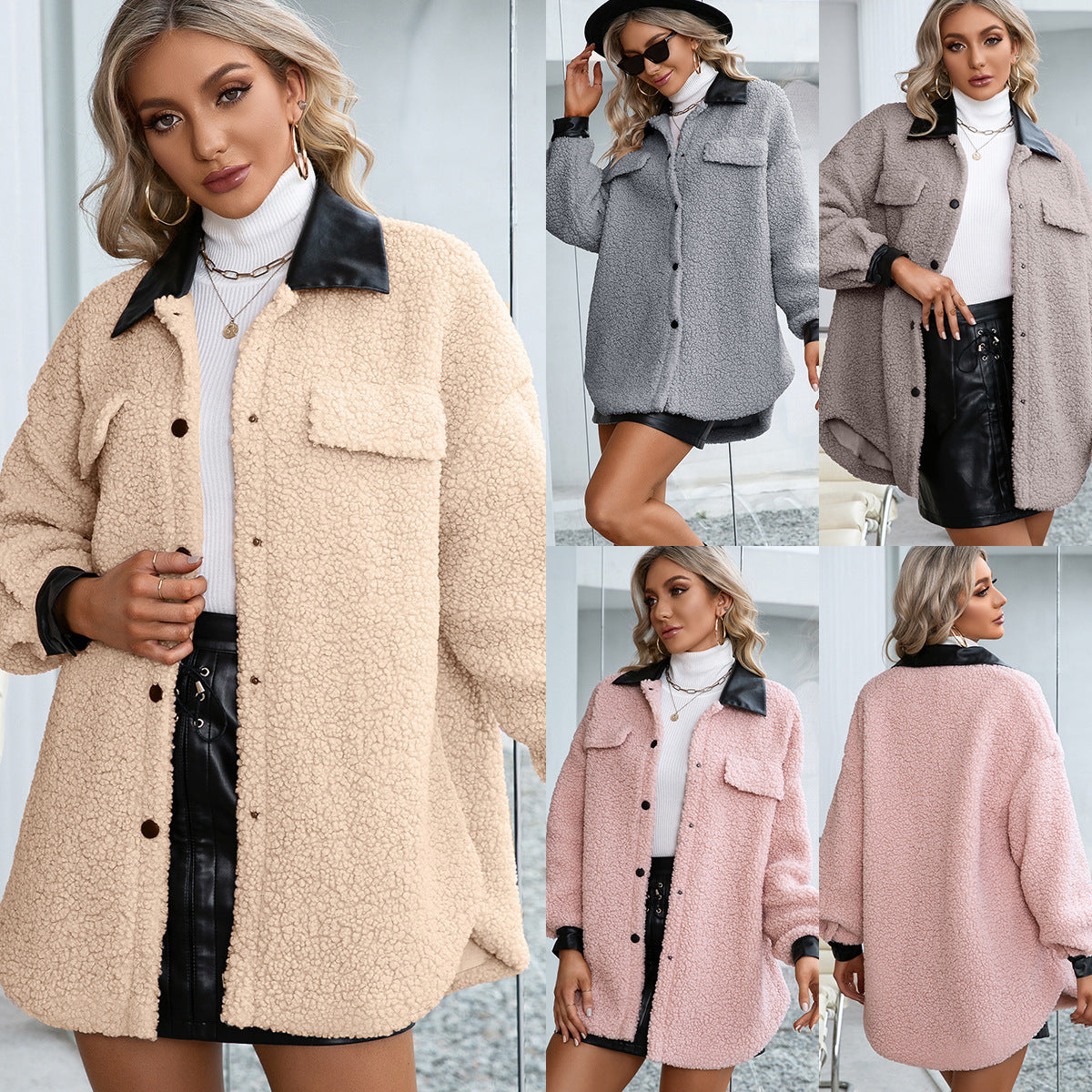 Women's Plush PU Long Single-breasted Trench Coat Top