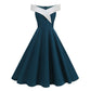 Womens Retro Off-the-Shoulder Sleeveless Contrast-Color Formal Dress