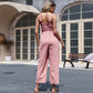 Cotton And Linen Women's Knotted Nine-quarter Pants Suspenders Wide Leg Jumpsuit