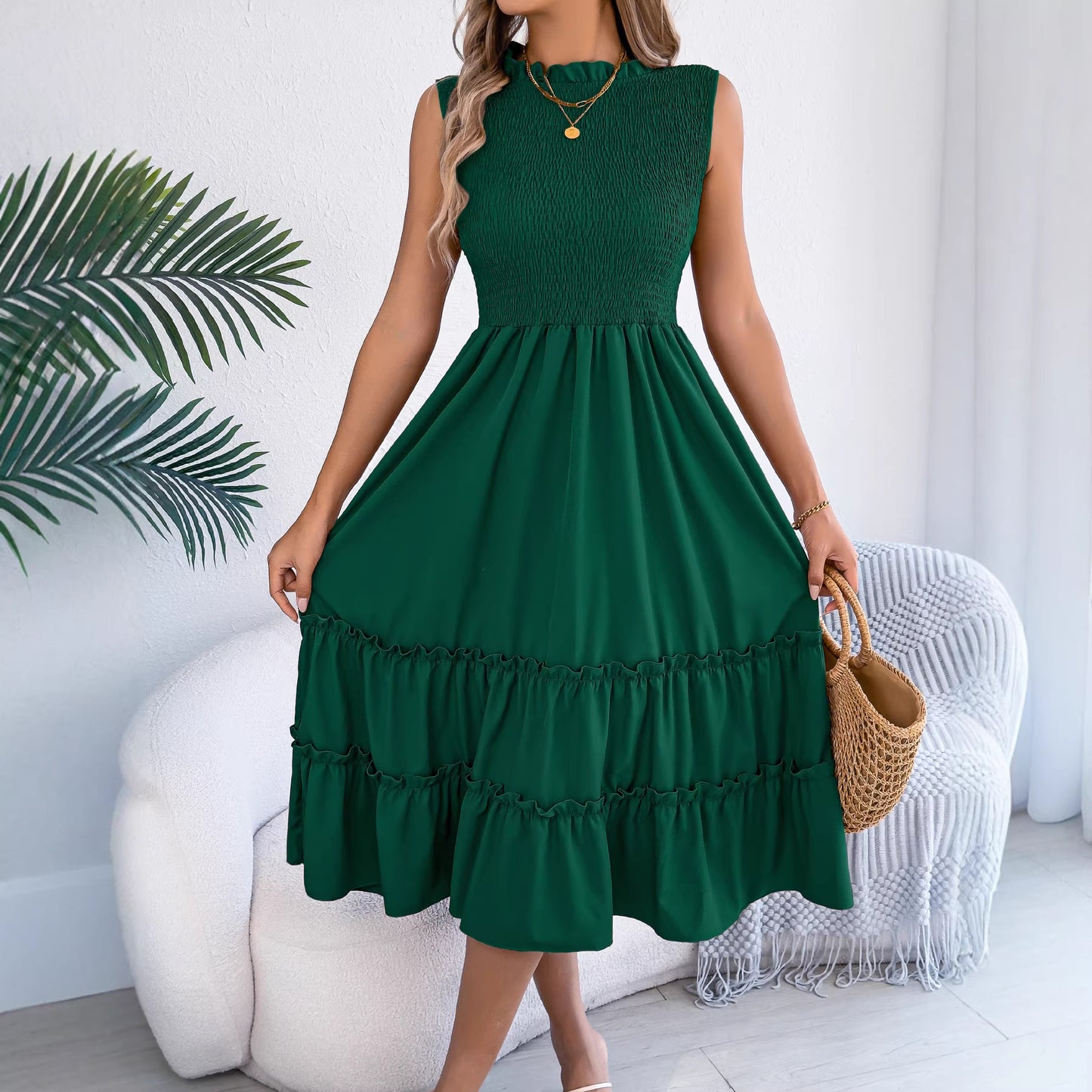 Casual Sleeveless Ruched Waistline Flounce Maxi Dress