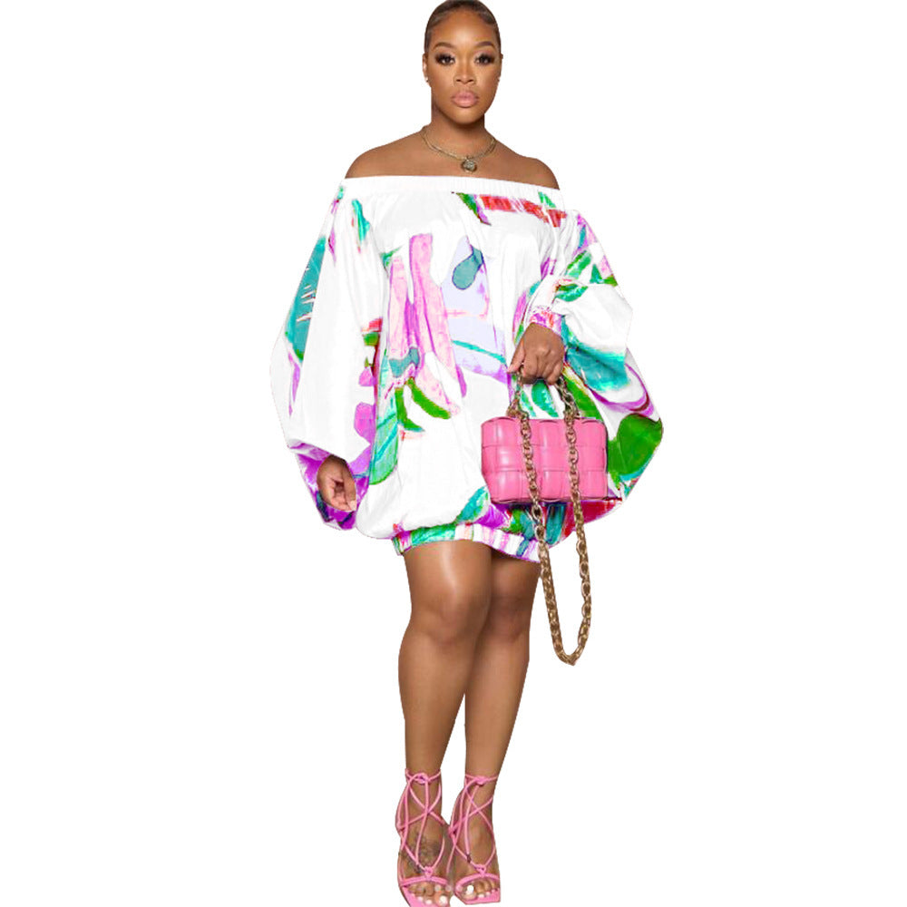 Robe courte imprimée à épaules dénudées et manches chauve-souris en polyester pour femme