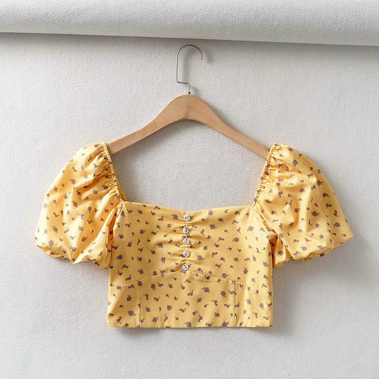 Puff Sleeve Princess Wind Floral Square Neck Sweet And T-shirt