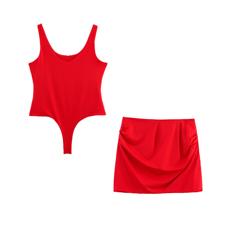 Solid Color Sleeveless Cold-shoulder Jumpsuit Base Clothing Slim Fit Slimming Ruffle Hip One-step Skirt