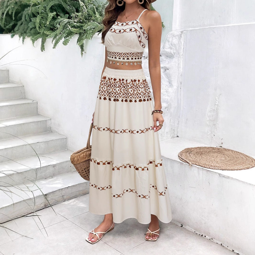 Tassel Ribbon Sling Top Two-piece Overskirt Suit