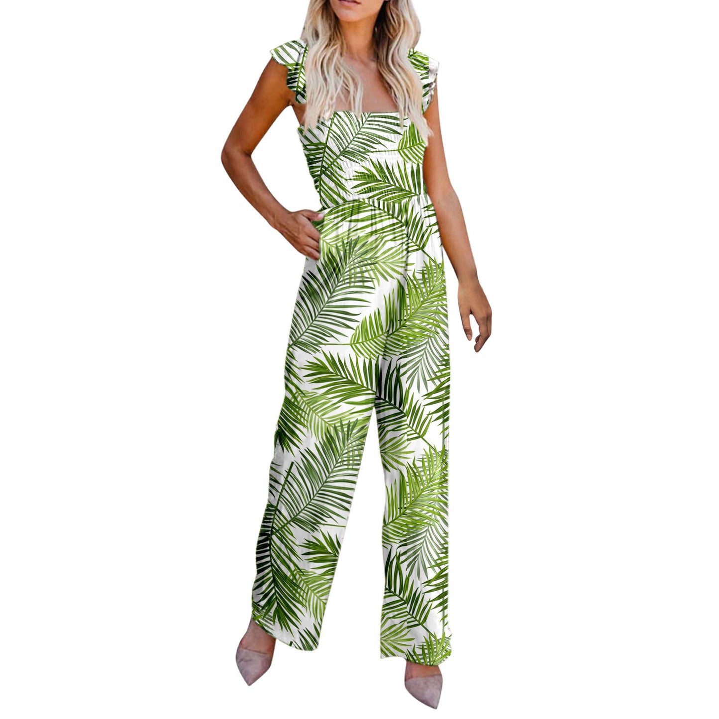 Women's Casual Ruffled Shoulder Straps High Waist Solid Color Wide Leg Jumpsuit