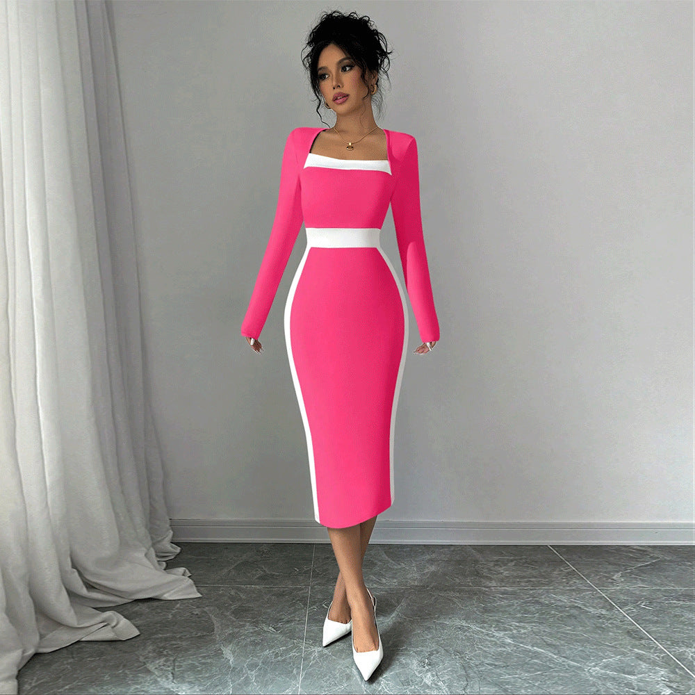 Women's Patchwork Color-block Long-sleeve Bodycon Dress
