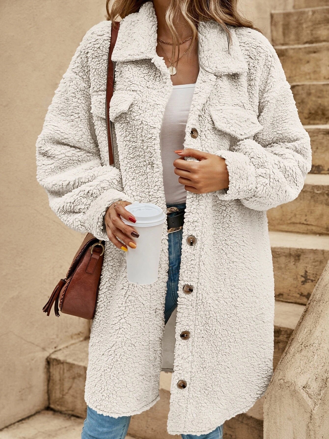 New European And American Winter Open Button Lapel Plush Coat Loose Long-cut Coat Women
