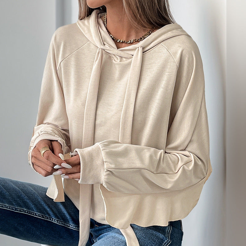 Sweat à capuche avec cordon de serrage et pull fin à volants pour femme