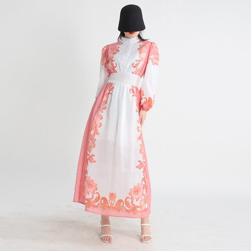 Robe trapèze d'été à col rond et manches longues, taille élastique et simple boutonnage pour femme