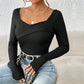 Knitted Slim-fit Design Square Neck Backless Long-sleeved Top