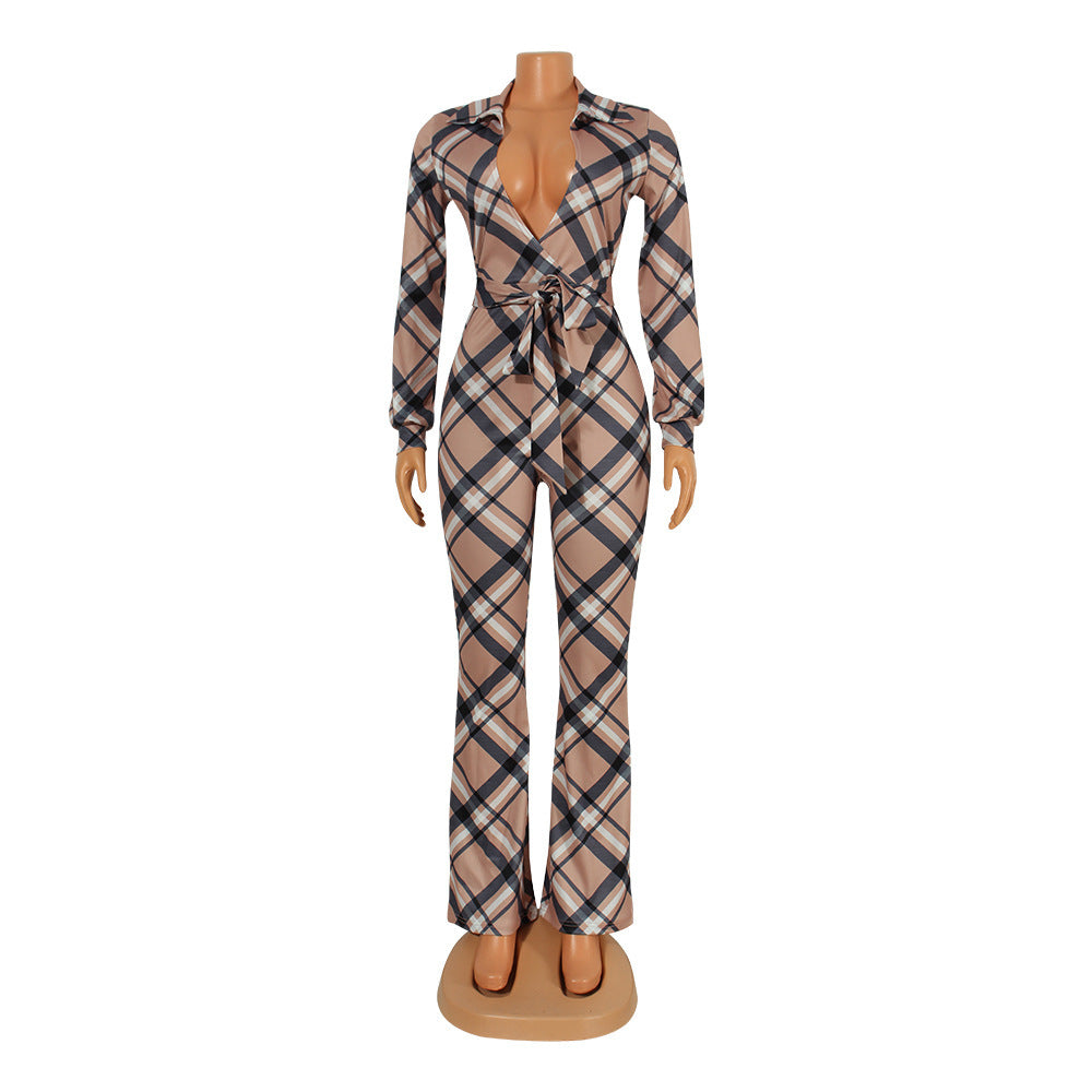 Tight-Fitting Lace-Up Plaid One-Piece Flared Pants