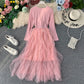French retro long-sleeved mesh stitching knit dress