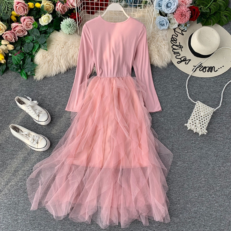 French retro long-sleeved mesh stitching knit dress
