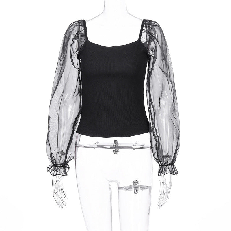 Transparent mesh stitching long sleeves