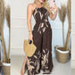 European And American New Dark Blue Printed Halter Jumpsuit