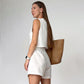 French-style Cotton-linen V-neck Sleeveless Minimalist Solid-color Set