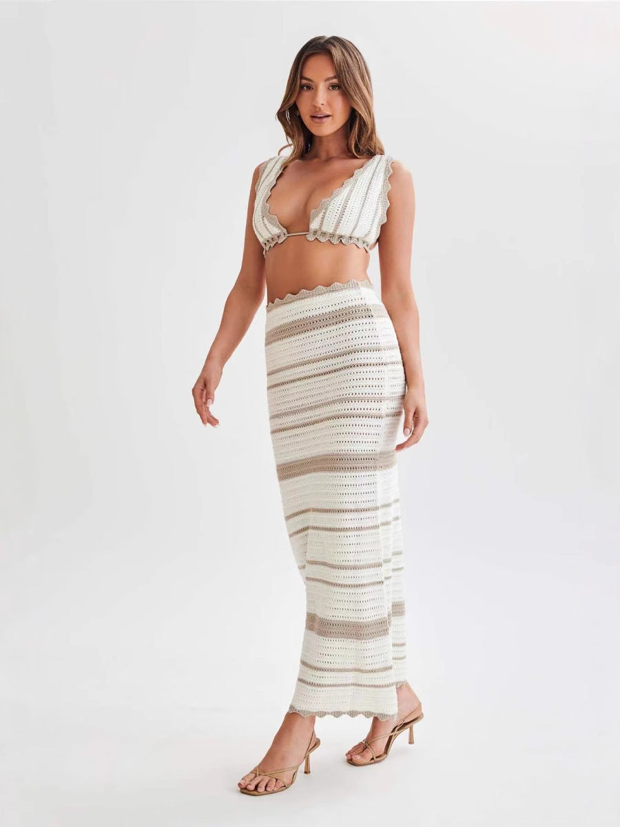 Knitted Spaghetti Straps Chest Wrap Top And Skirt Suit