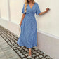 New V-neck Three-quarter-sleeve, High-waisted Floral-print Pleated Dress