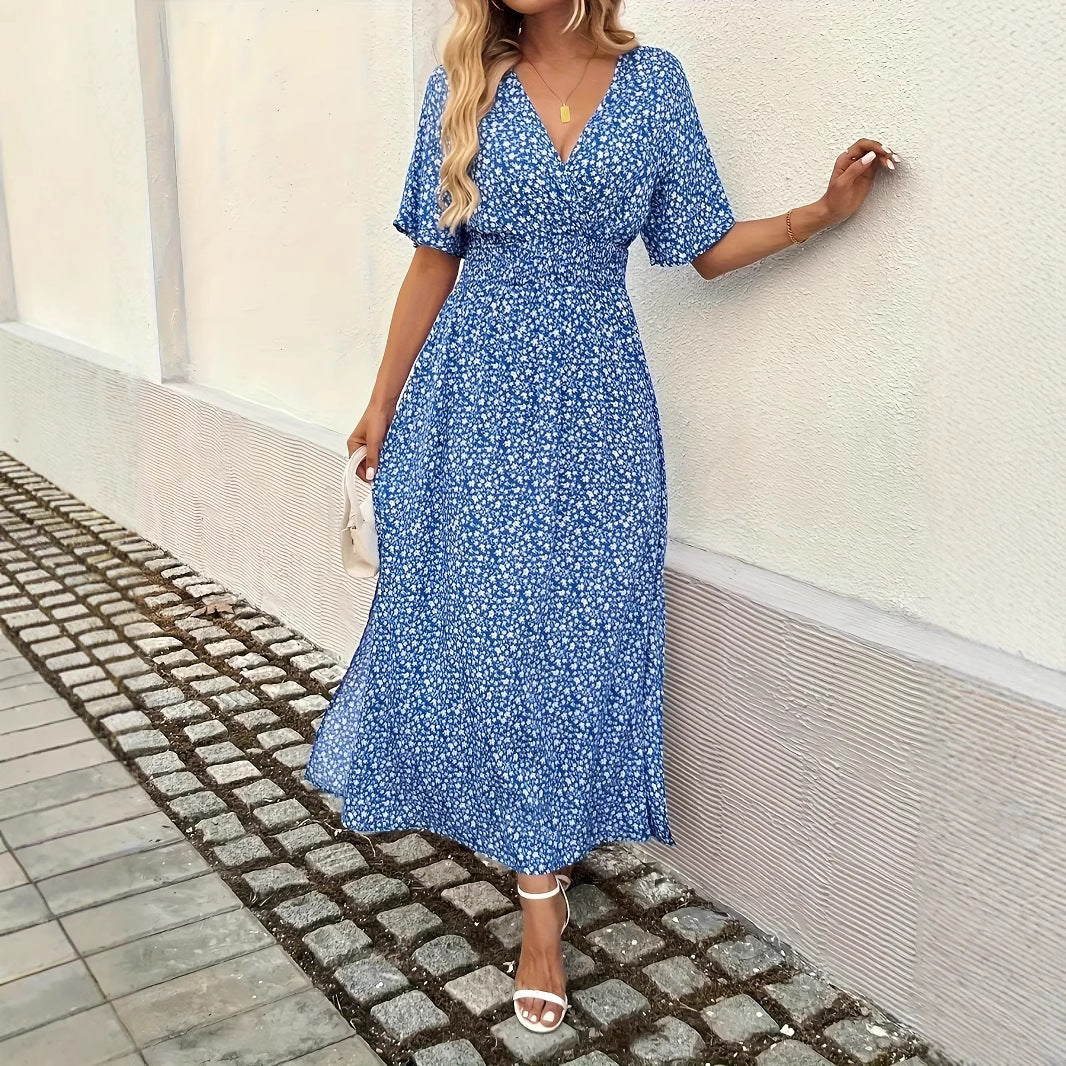 New V-neck Three-quarter-sleeve, High-waisted Floral-print Pleated Dress