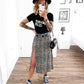 Leopard print floral print high waist stretch slit long A-line skirt