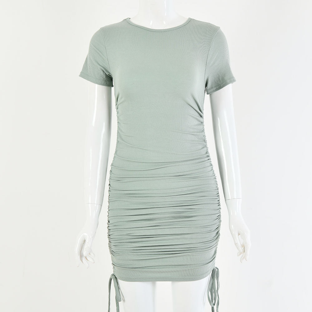 Round neck short sleeve side drawstring cotton dress