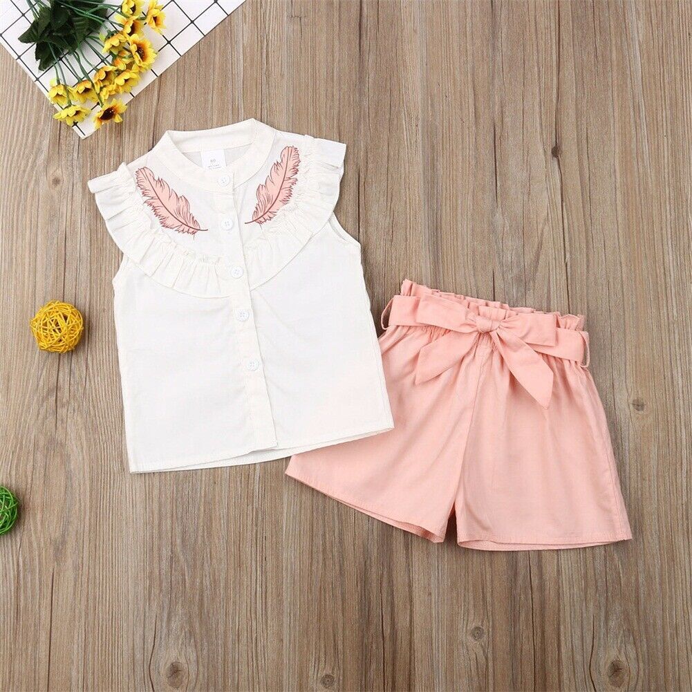 Ensemble 2 pièces short sans manches à col feuille de lotus pour bébé