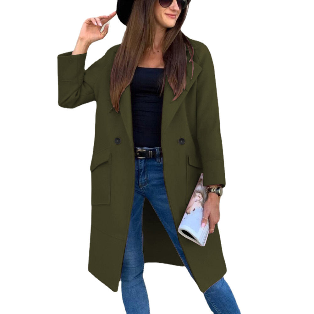 Manteau en laine à manches longues et col boutonné, couleur unie, automne et hiver