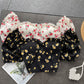 Women's Short Wood Ears With Chest Pads And Floral Chiffon Shirt