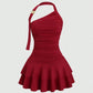 One-Shoulder Halterneck Slimming Waist-Cinching Pleated Skirt Pure And Alluring Versatile Off-Shoulder Dress