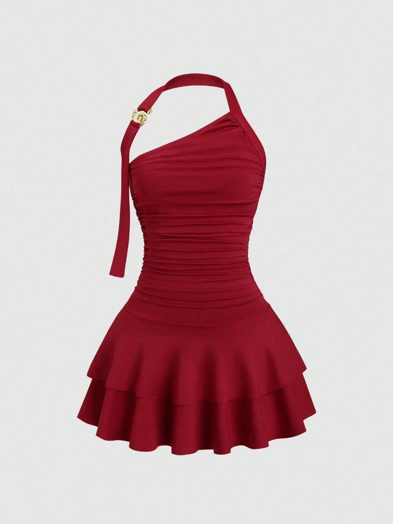 One-Shoulder Halterneck Slimming Waist-Cinching Pleated Skirt Pure And Alluring Versatile Off-Shoulder Dress