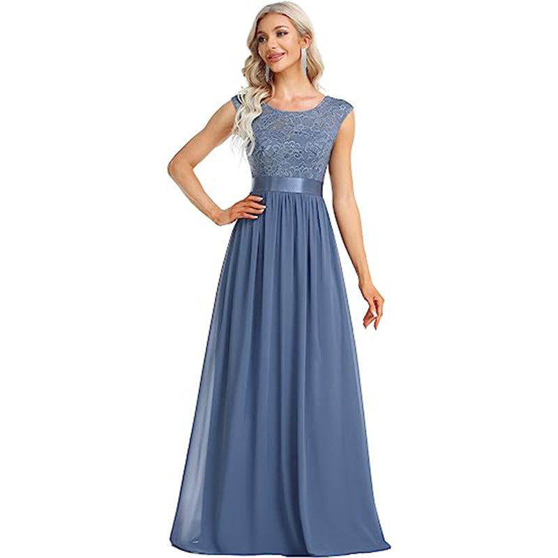 Robe tendance à col rond et coutures en dentelle