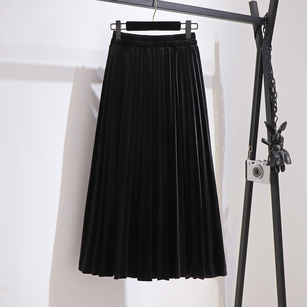 Fat Sister V-neck Sweater Korean Style Gold Velvet Skirt