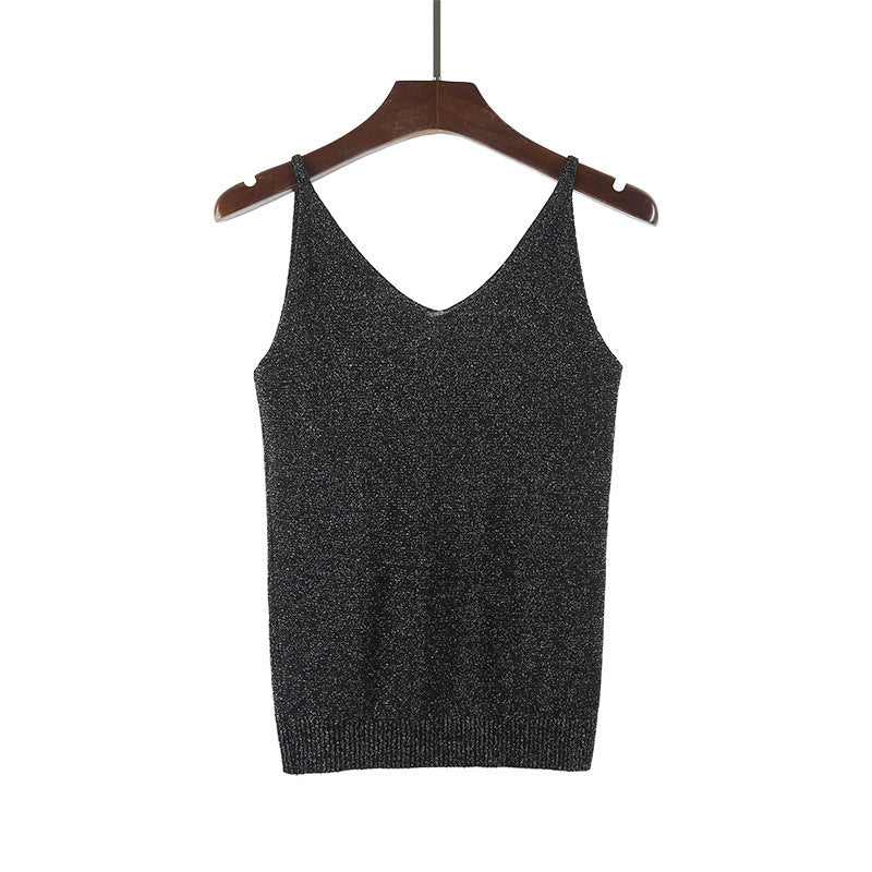 V-neck suspender knitted glitter vest