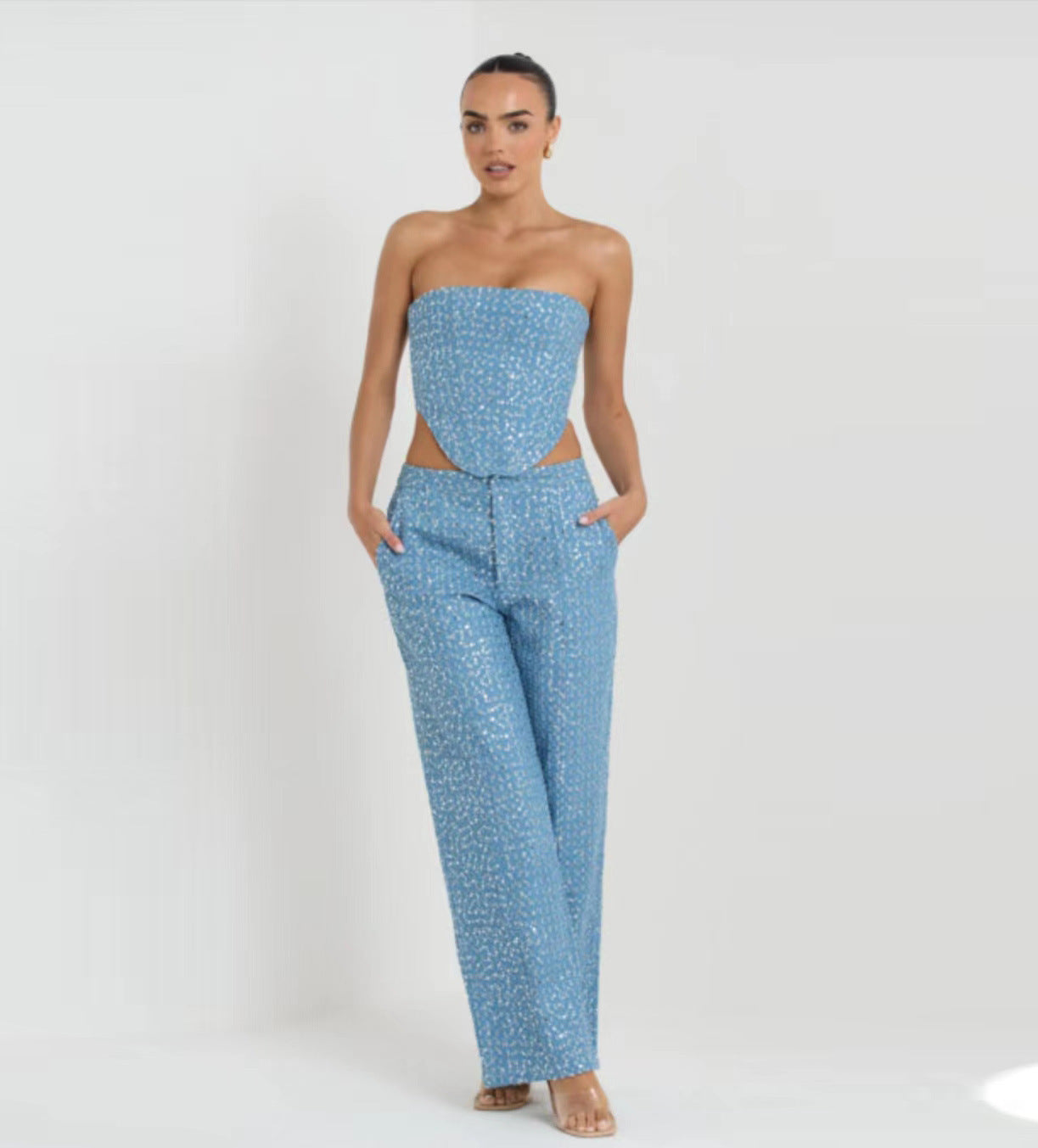 Ensemble haut tube en denim à paillettes et pantalon large