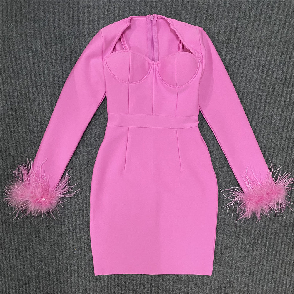 Elegant Square Neck Feather Long Sleeve